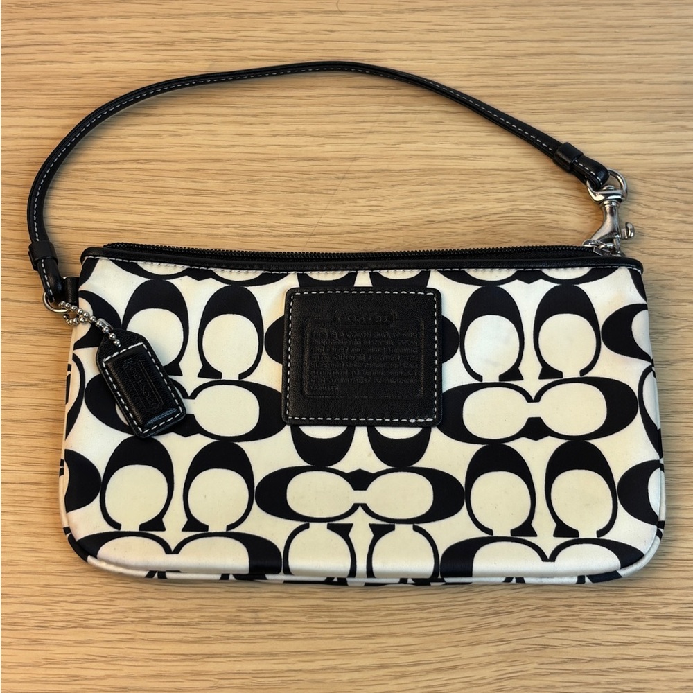 Coach Optic Signature C Wristlet Black White Sateen Leather Trim Small Clutch